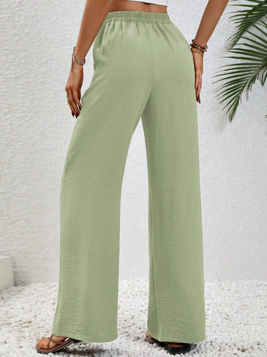 High Waisted Loose Elasticity Pleated Solid Color Tied Waist Pants Trousers - Image 11