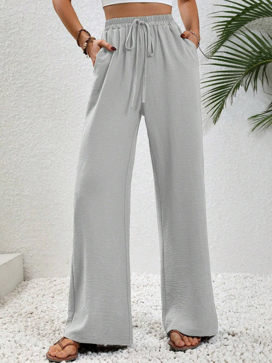 High Waisted Loose Elasticity Pleated Solid Color Tied Waist Pants Trousers - Image 12