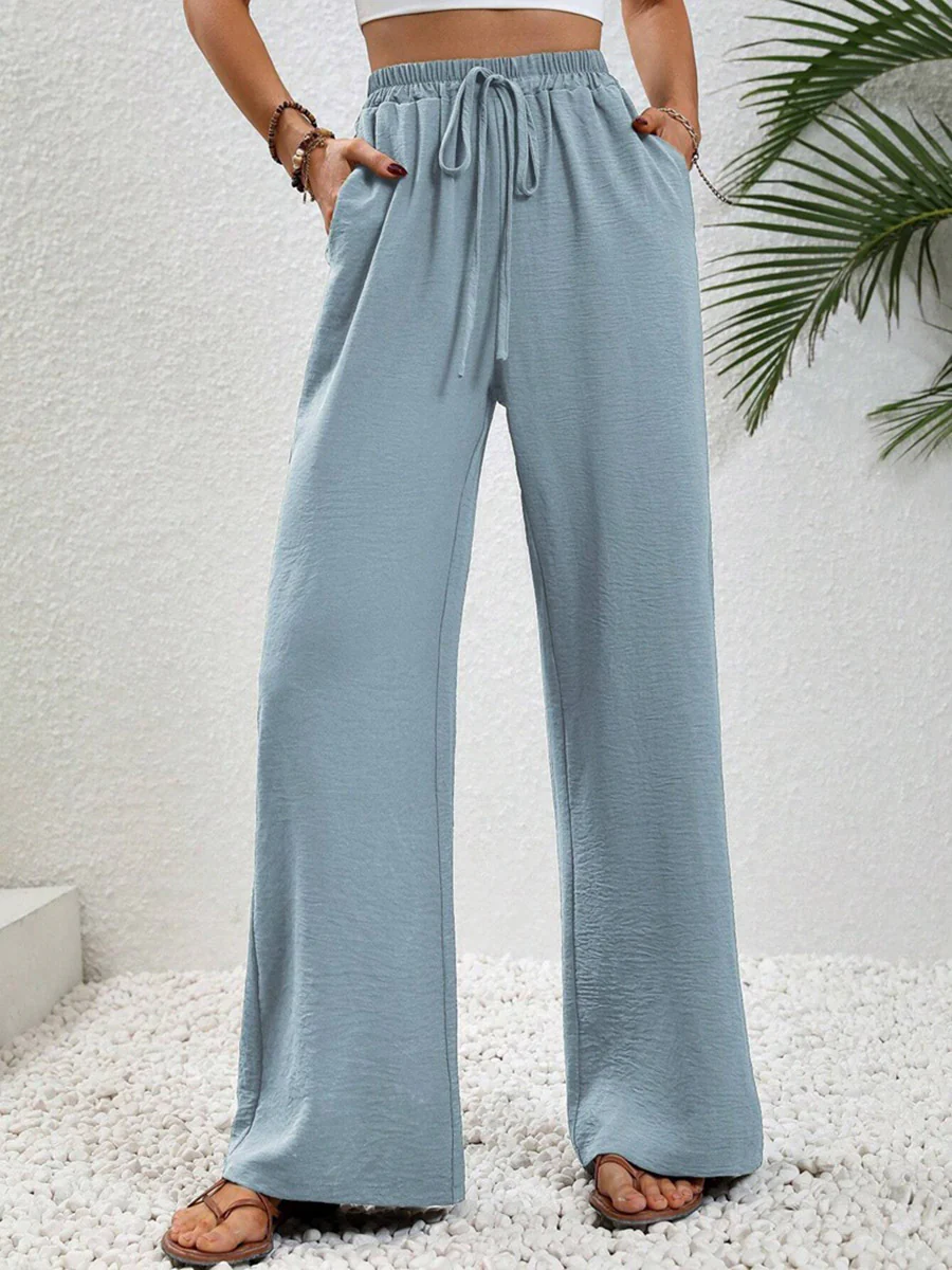 High Waisted Loose Elasticity Pleated Solid Color Tied Waist Pants Trousers - Image 13