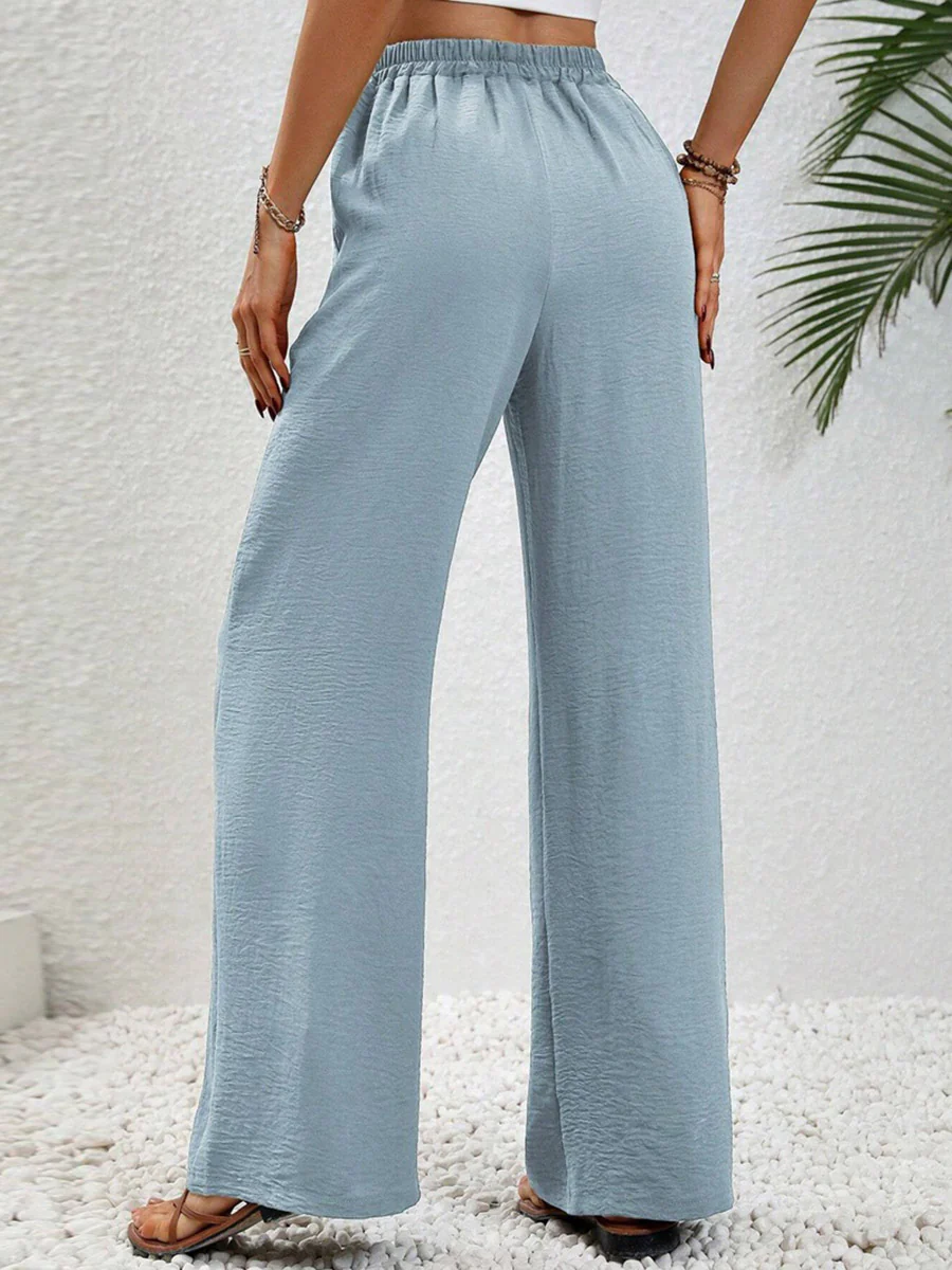 High Waisted Loose Elasticity Pleated Solid Color Tied Waist Pants Trousers - Image 14