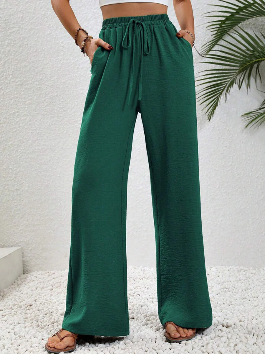 High Waisted Loose Elasticity Pleated Solid Color Tied Waist Pants Trousers - Image 15