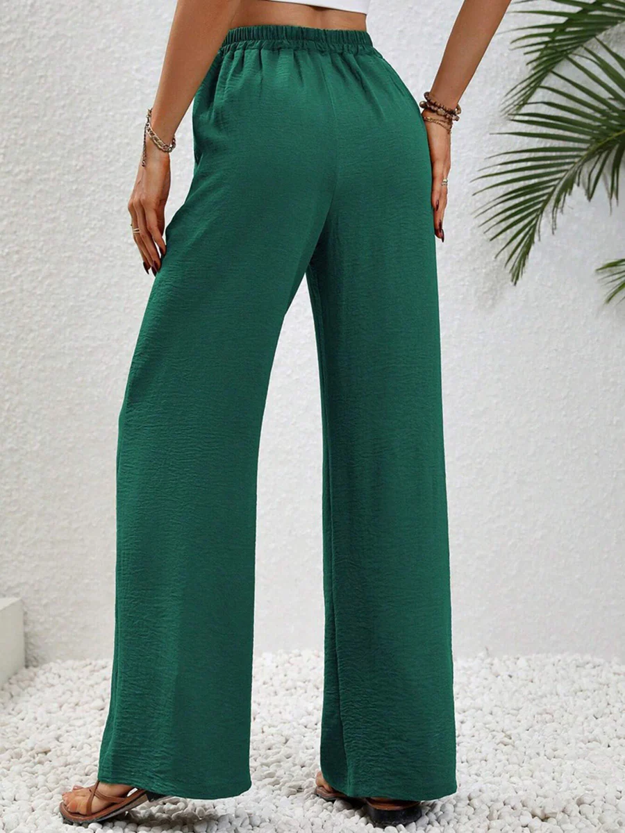 High Waisted Loose Elasticity Pleated Solid Color Tied Waist Pants Trousers - Image 16