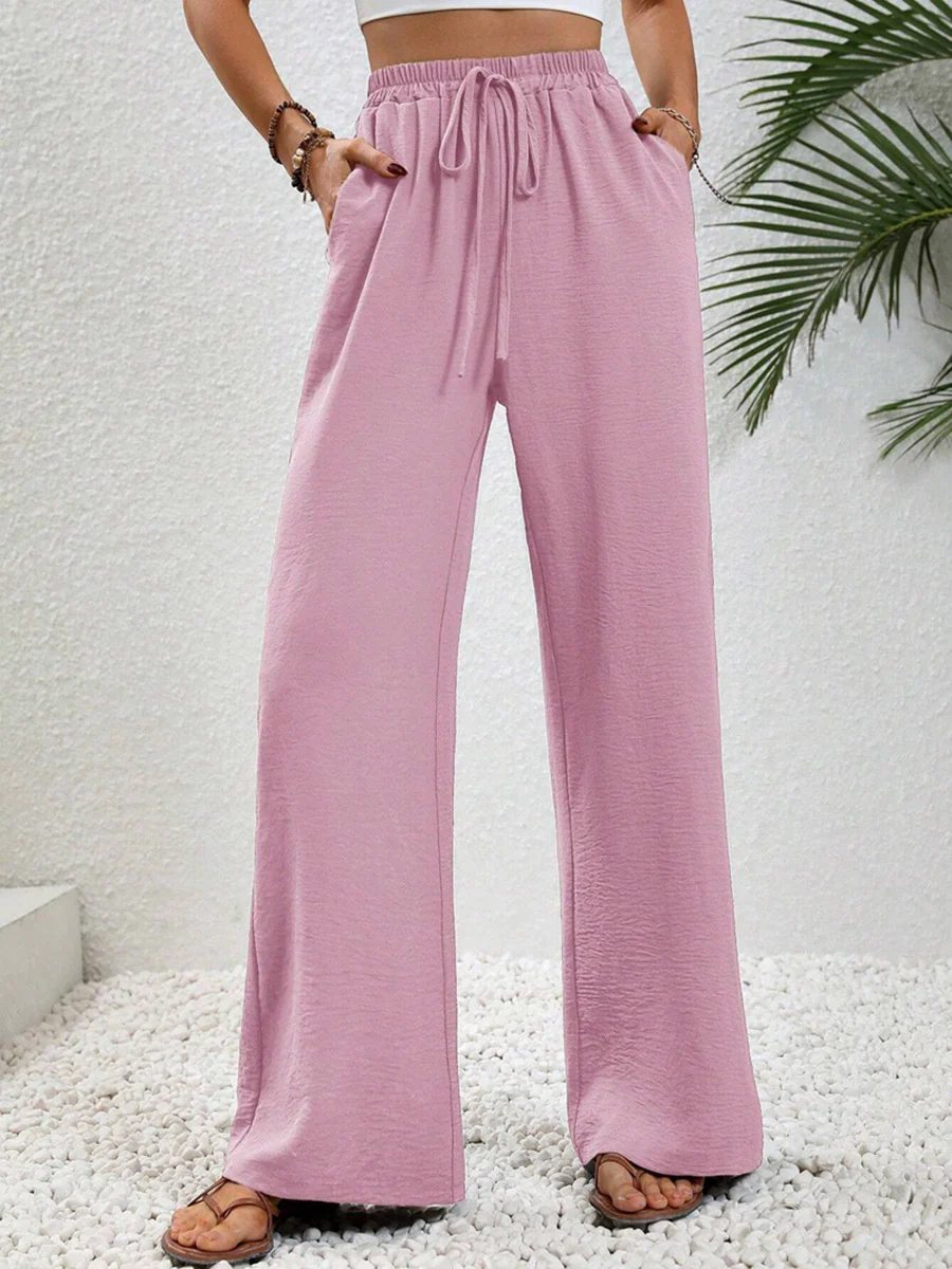 High Waisted Loose Elasticity Pleated Solid Color Tied Waist Pants Trousers - Image 17