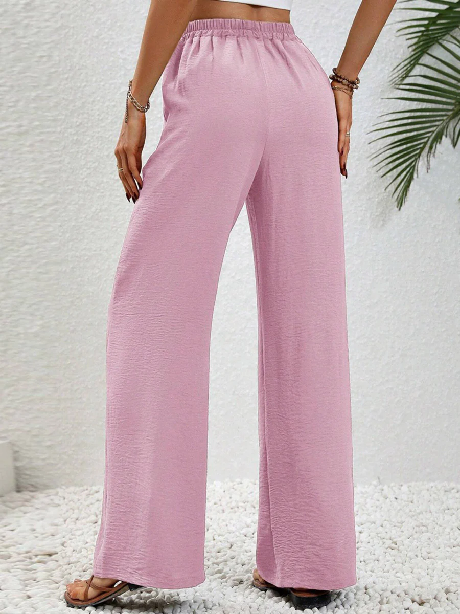 High Waisted Loose Elasticity Pleated Solid Color Tied Waist Pants Trousers - Image 18