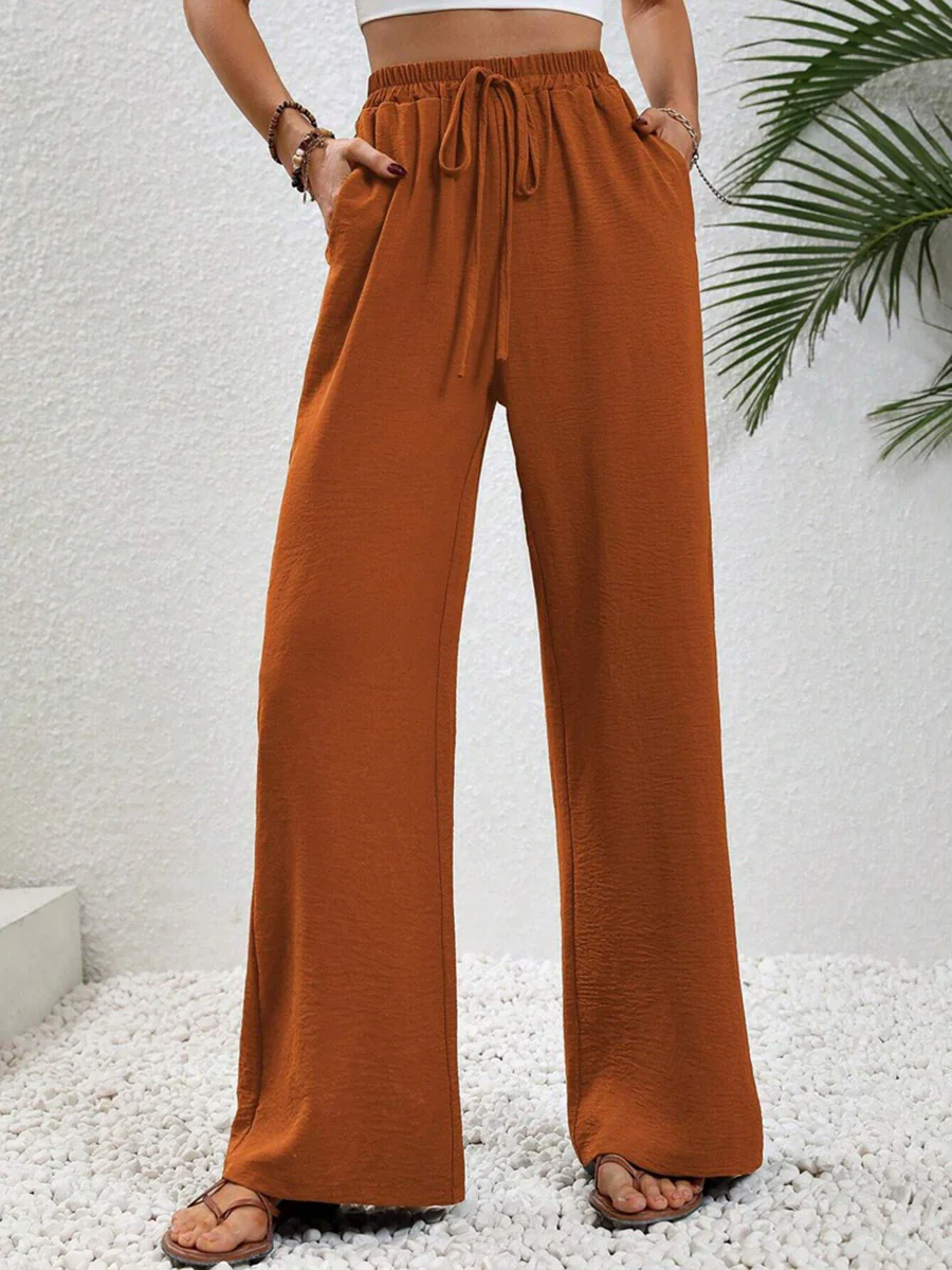 High Waisted Loose Elasticity Pleated Solid Color Tied Waist Pants Trousers - Image 19