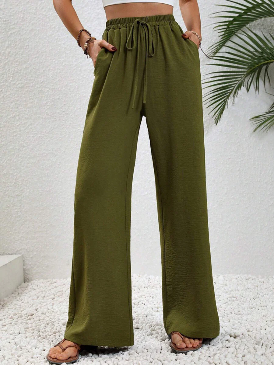 High Waisted Loose Elasticity Pleated Solid Color Tied Waist Pants Trousers - Image 2