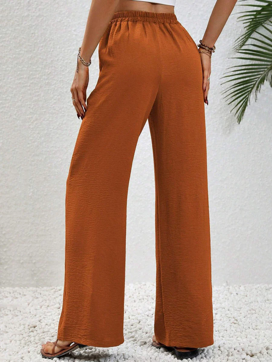 High Waisted Loose Elasticity Pleated Solid Color Tied Waist Pants Trousers - Image 20