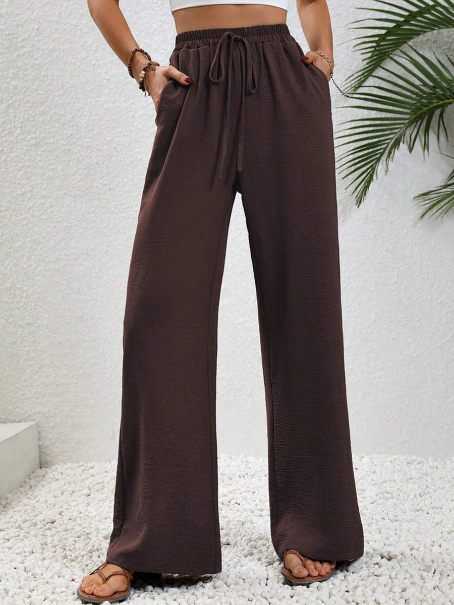 High Waisted Loose Elasticity Pleated Solid Color Tied Waist Pants Trousers - Image 21