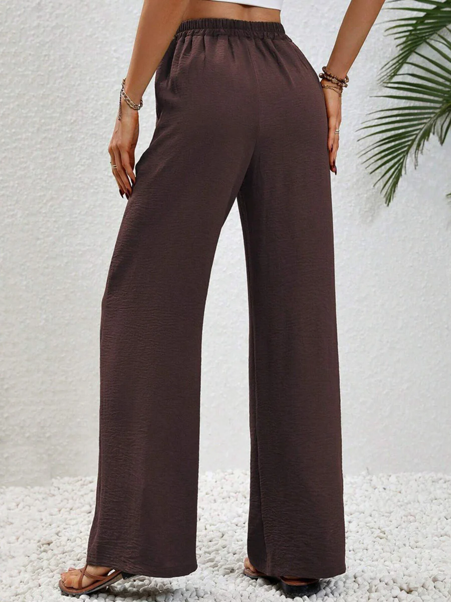 High Waisted Loose Elasticity Pleated Solid Color Tied Waist Pants Trousers - Image 22