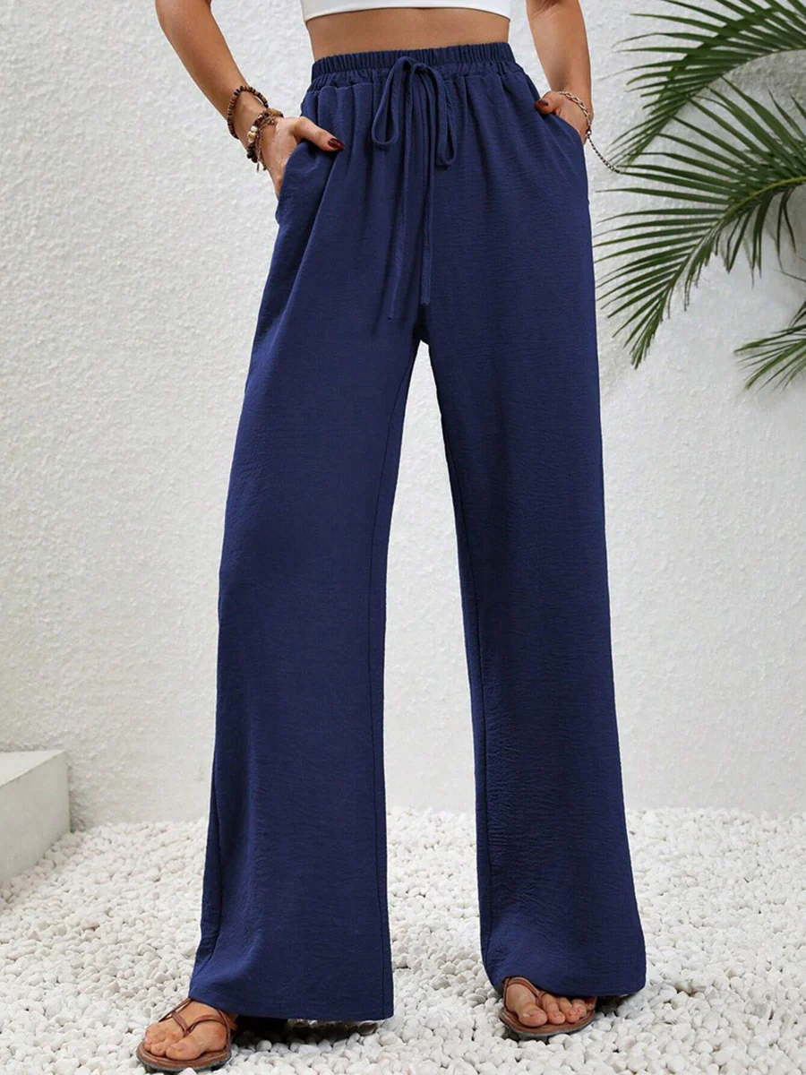 High Waisted Loose Elasticity Pleated Solid Color Tied Waist Pants Trousers - Image 23