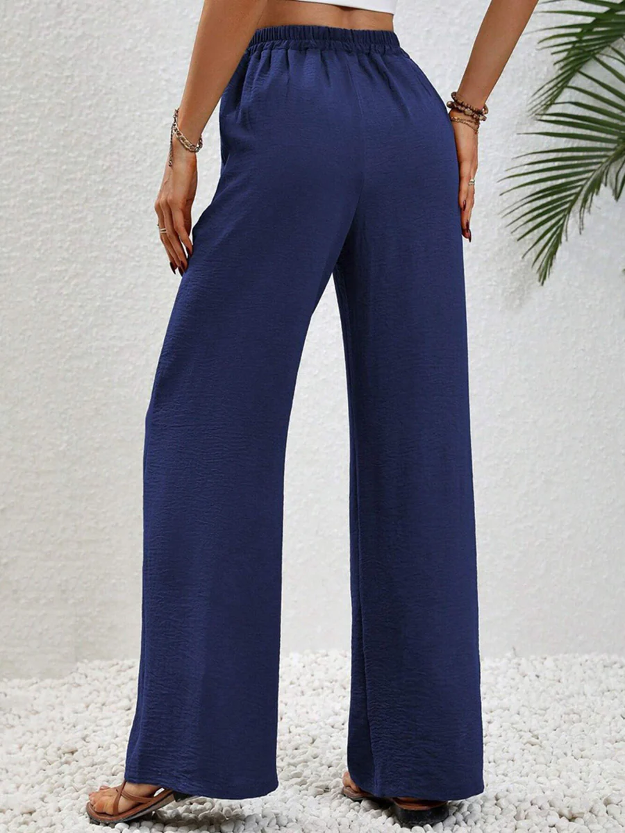High Waisted Loose Elasticity Pleated Solid Color Tied Waist Pants Trousers - Image 24