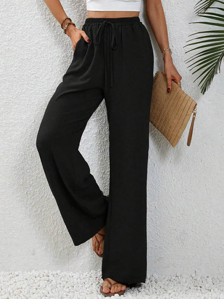 High Waisted Loose Elasticity Pleated Solid Color Tied Waist Pants Trousers - Image 26