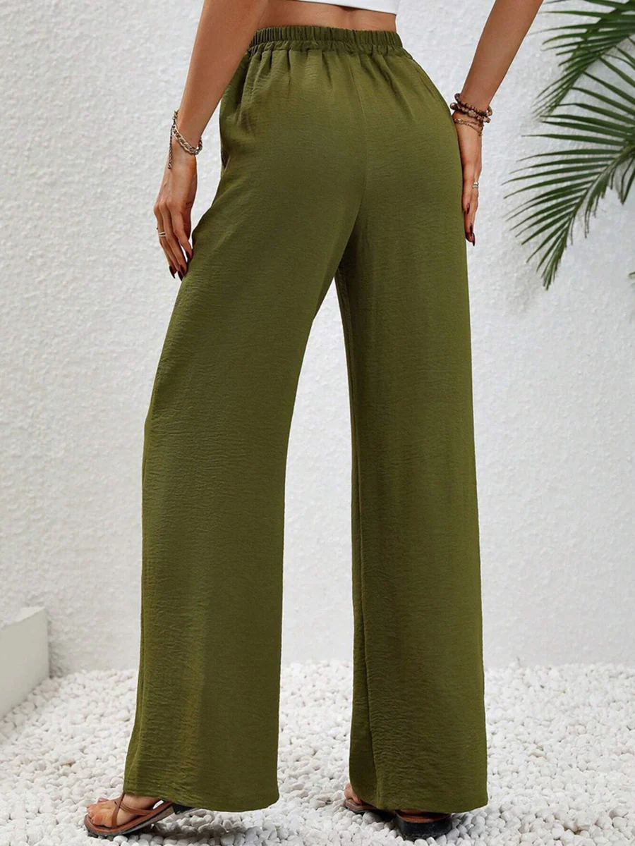 High Waisted Loose Elasticity Pleated Solid Color Tied Waist Pants Trousers - Image 3
