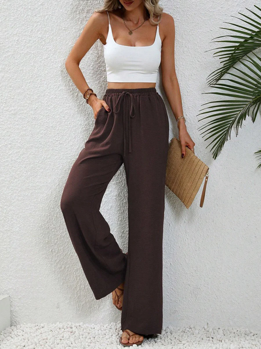 High Waisted Loose Elasticity Pleated Solid Color Tied Waist Pants Trousers - Image 4