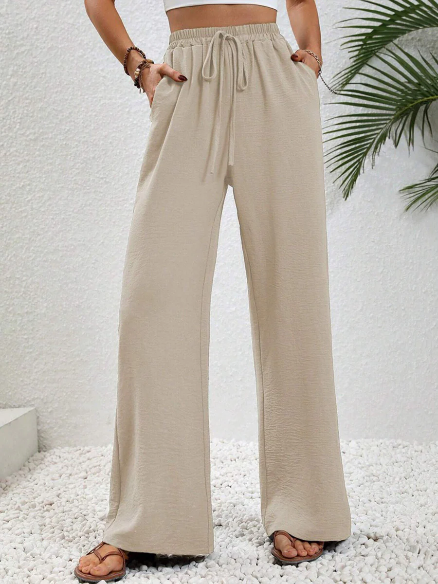 High Waisted Loose Elasticity Pleated Solid Color Tied Waist Pants Trousers - Image 5
