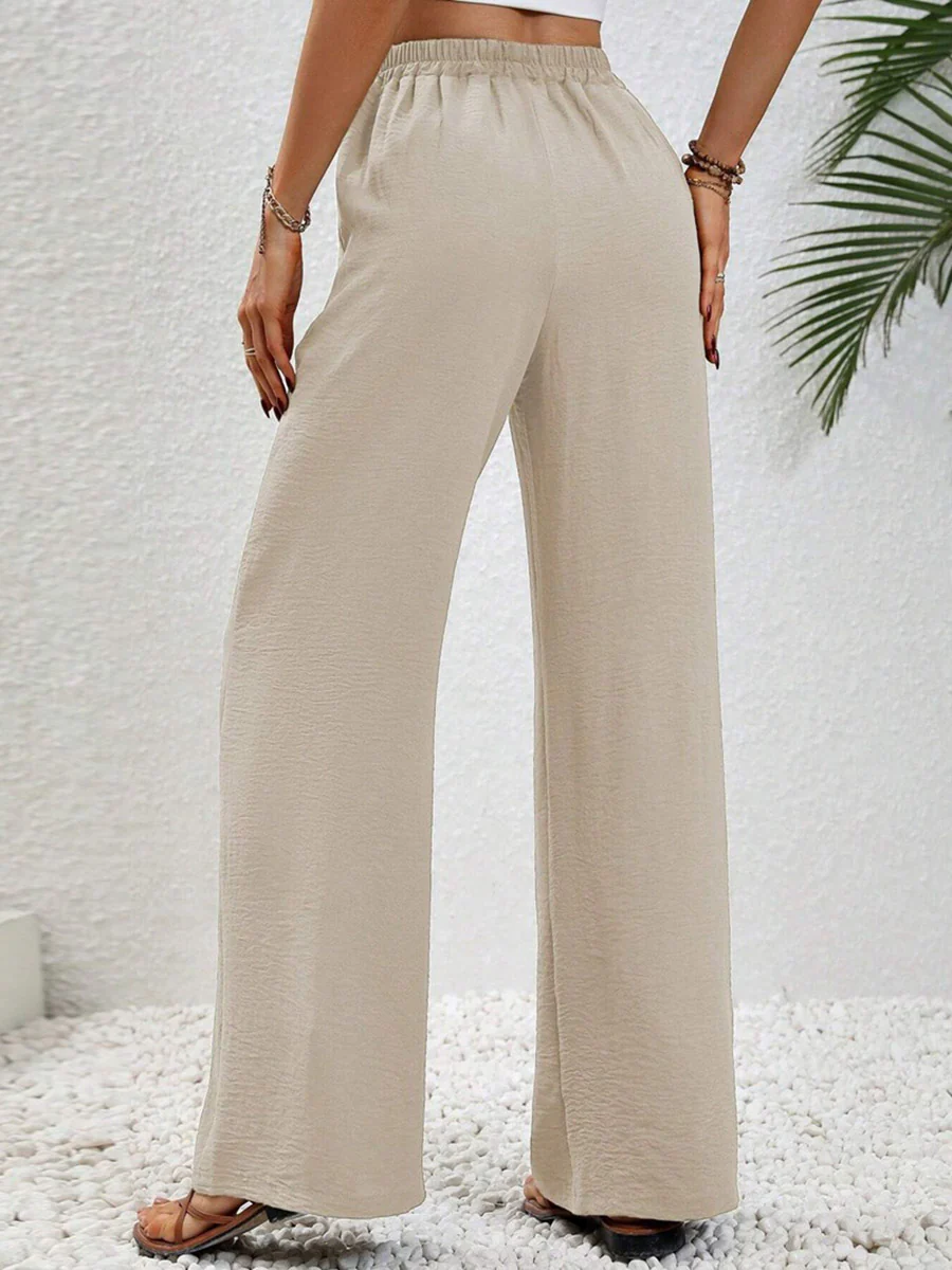 High Waisted Loose Elasticity Pleated Solid Color Tied Waist Pants Trousers - Image 6