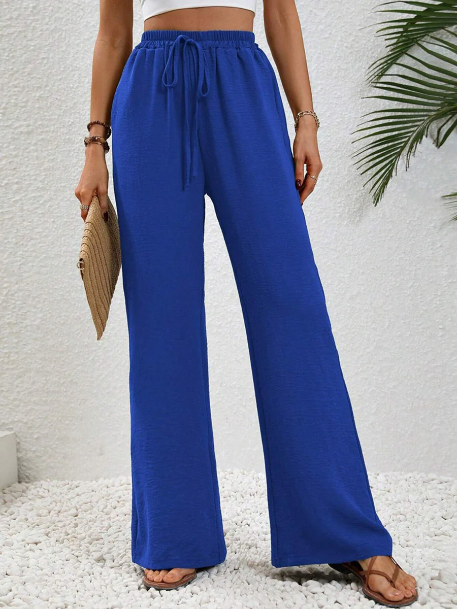 High Waisted Loose Elasticity Pleated Solid Color Tied Waist Pants Trousers - Image 8