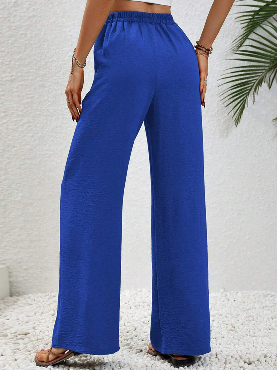 High Waisted Loose Elasticity Pleated Solid Color Tied Waist Pants Trousers - Image 9