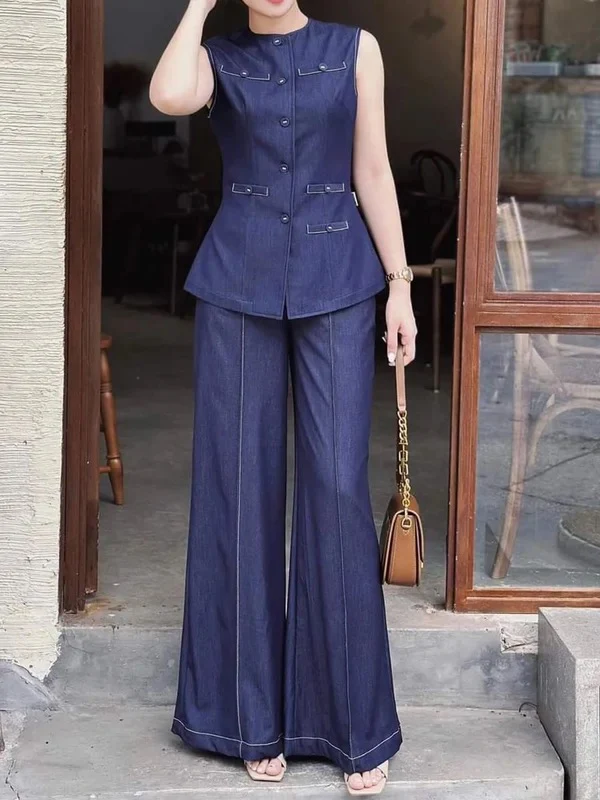 High Waisted Loose Elasticity Pockets Solid Color Jean Pants Bottoms Trousers - Image 2