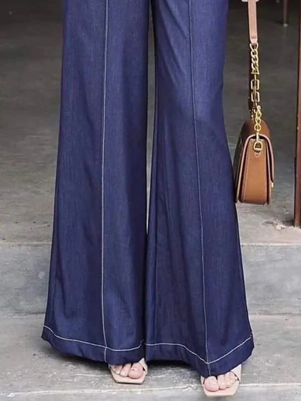High Waisted Loose Elasticity Pockets Solid Color Jean Pants Bottoms Trousers - Image 3
