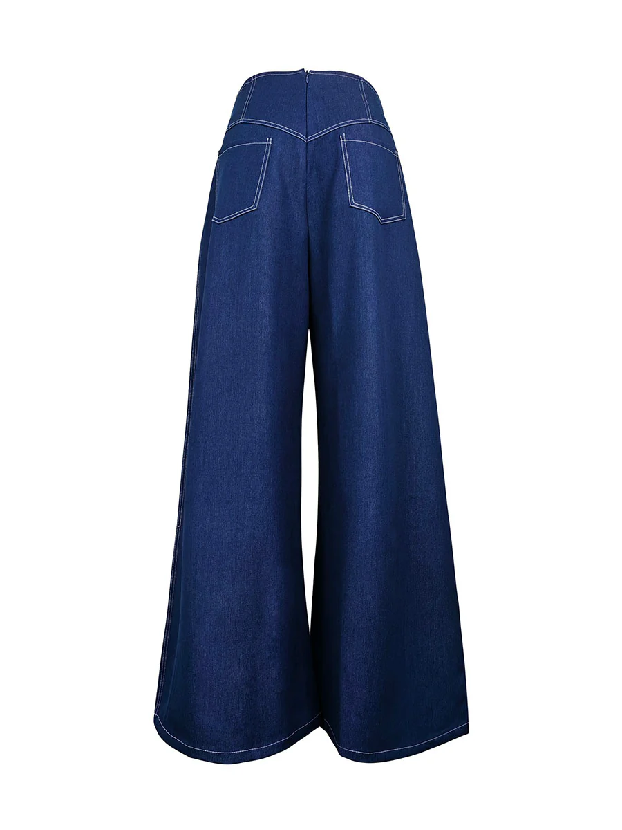 High Waisted Loose Elasticity Pockets Solid Color Zipper Jean Pants Bottoms - Image 11