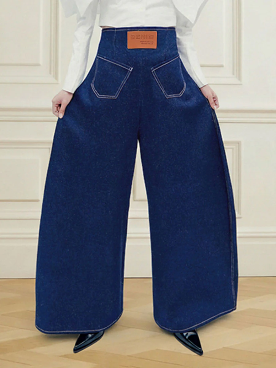 High Waisted Loose Elasticity Pockets Solid Color Zipper Jean Pants Bottoms - Image 2