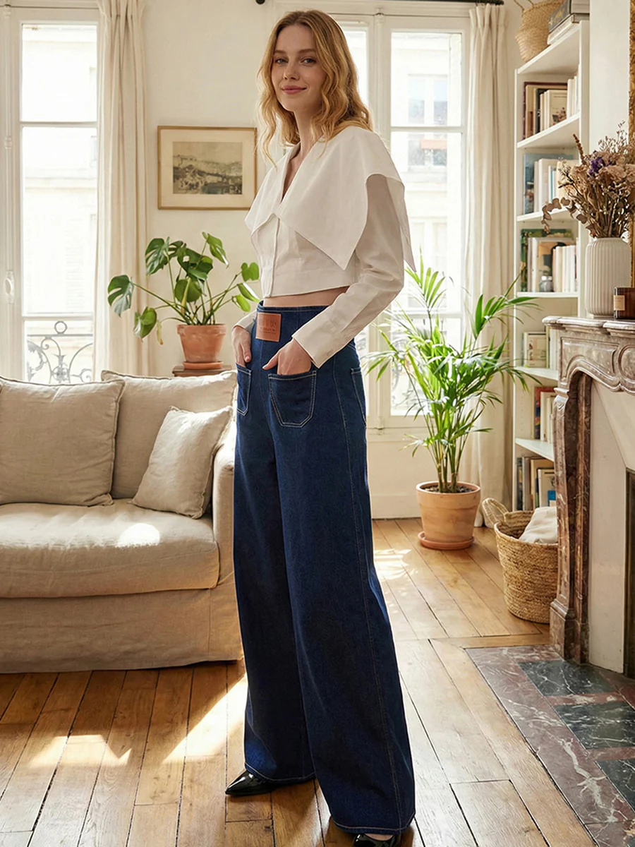 High Waisted Loose Elasticity Pockets Solid Color Zipper Jean Pants Bottoms - Image 3