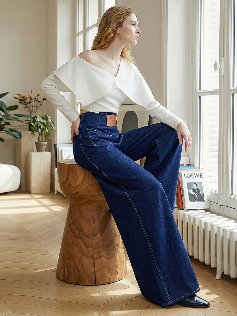High Waisted Loose Elasticity Pockets Solid Color Zipper Jean Pants Bottoms - Image 6