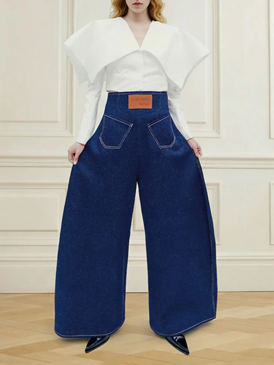 High Waisted Loose Elasticity Pockets Solid Color Zipper Jean Pants Bottoms - Image 7