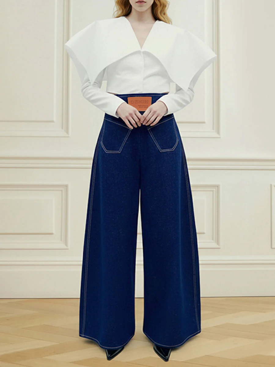High Waisted Loose Elasticity Pockets Solid Color Zipper Jean Pants Bottoms - Image 8
