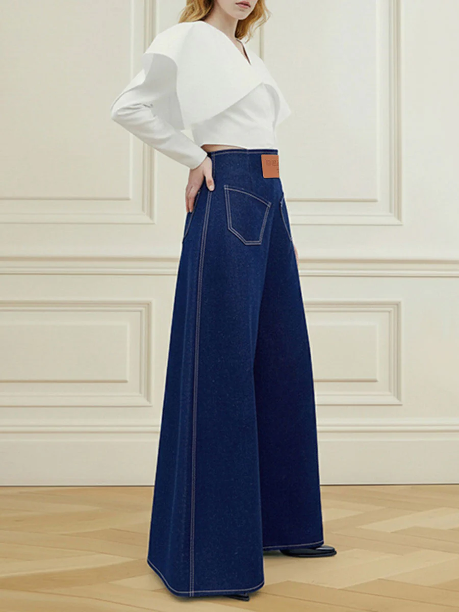 High Waisted Loose Elasticity Pockets Solid Color Zipper Jean Pants Bottoms - Image 9