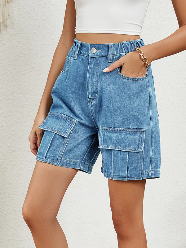 High Waisted Loose Elasticity Pockets Split-Joint Denim Shorts - Image 3