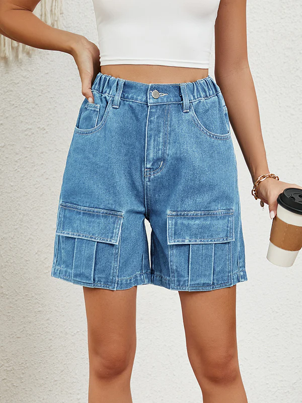 High Waisted Loose Elasticity Pockets Split-Joint Denim Shorts - Image 4