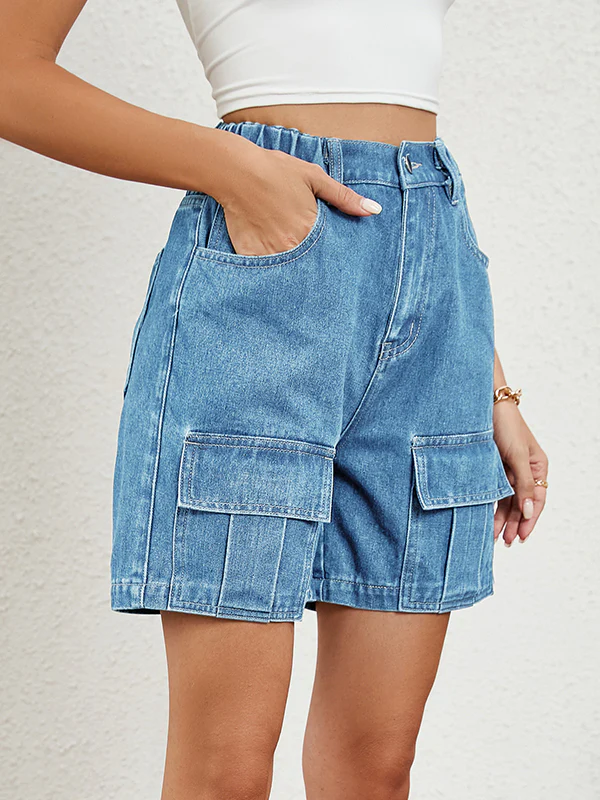 High Waisted Loose Elasticity Pockets Split-Joint Denim Shorts - Image 5