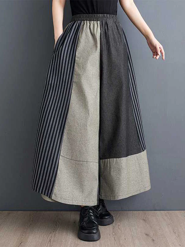 High Waisted Loose Elasticity Pockets Split-Joint Striped Pants Trousers - Image 2