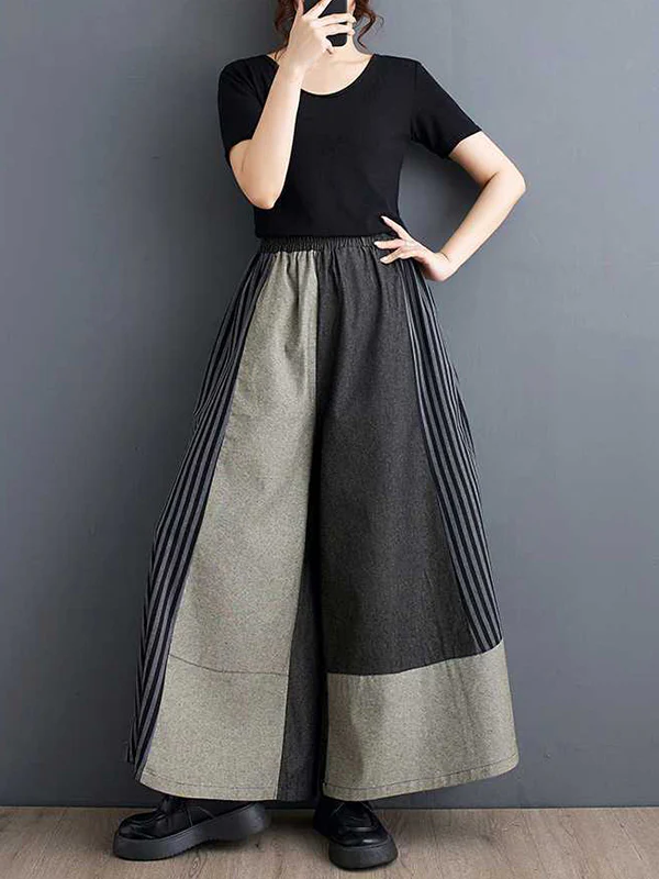 High Waisted Loose Elasticity Pockets Split-Joint Striped Pants Trousers - Image 3