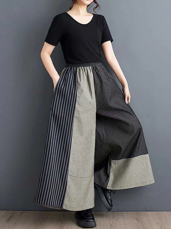 High Waisted Loose Elasticity Pockets Split-Joint Striped Pants Trousers - Image 4
