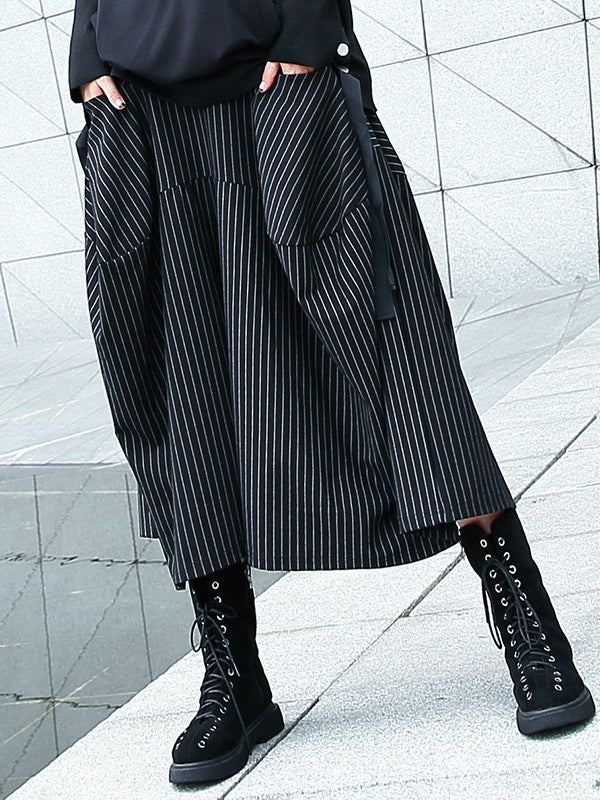 High Waisted Loose Elasticity Pockets Striped Culotte Pants - Image 10
