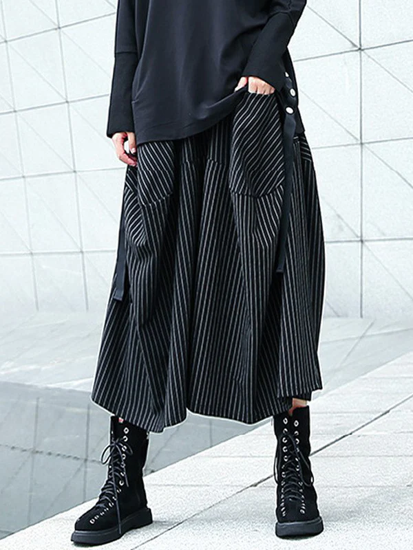 High Waisted Loose Elasticity Pockets Striped Culotte Pants - Image 11