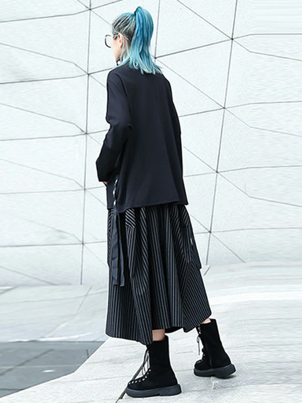 High Waisted Loose Elasticity Pockets Striped Culotte Pants - Image 12