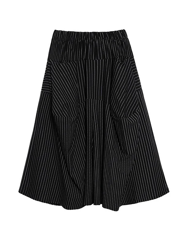 High Waisted Loose Elasticity Pockets Striped Culotte Pants - Image 15