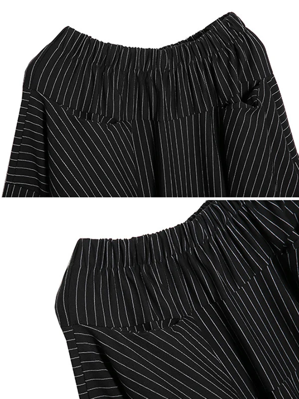 High Waisted Loose Elasticity Pockets Striped Culotte Pants - Image 17