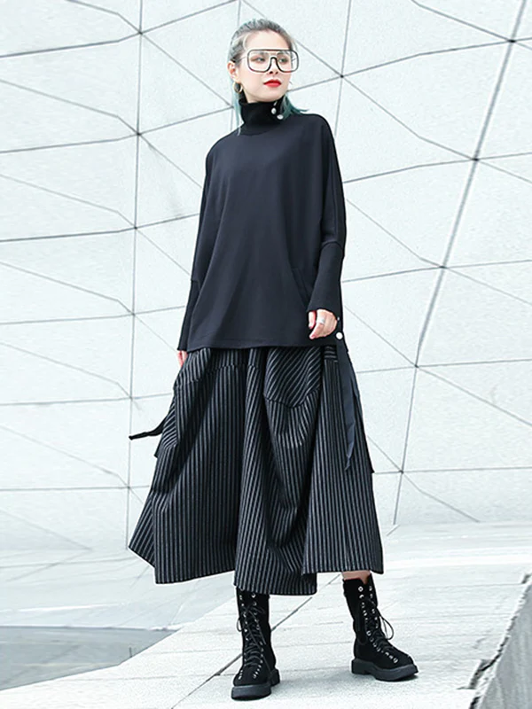 High Waisted Loose Elasticity Pockets Striped Culotte Pants - Image 2