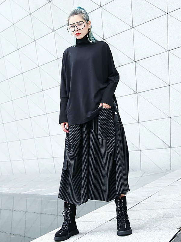 High Waisted Loose Elasticity Pockets Striped Culotte Pants - Image 3