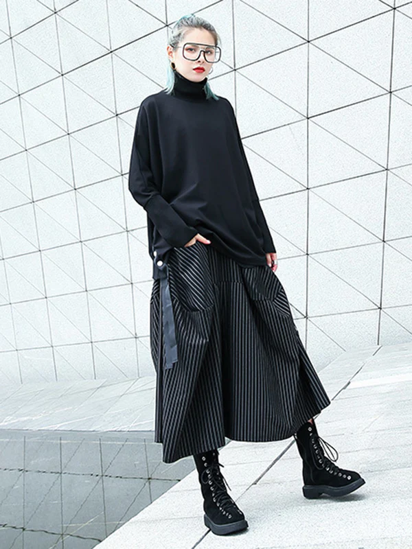 High Waisted Loose Elasticity Pockets Striped Culotte Pants - Image 4