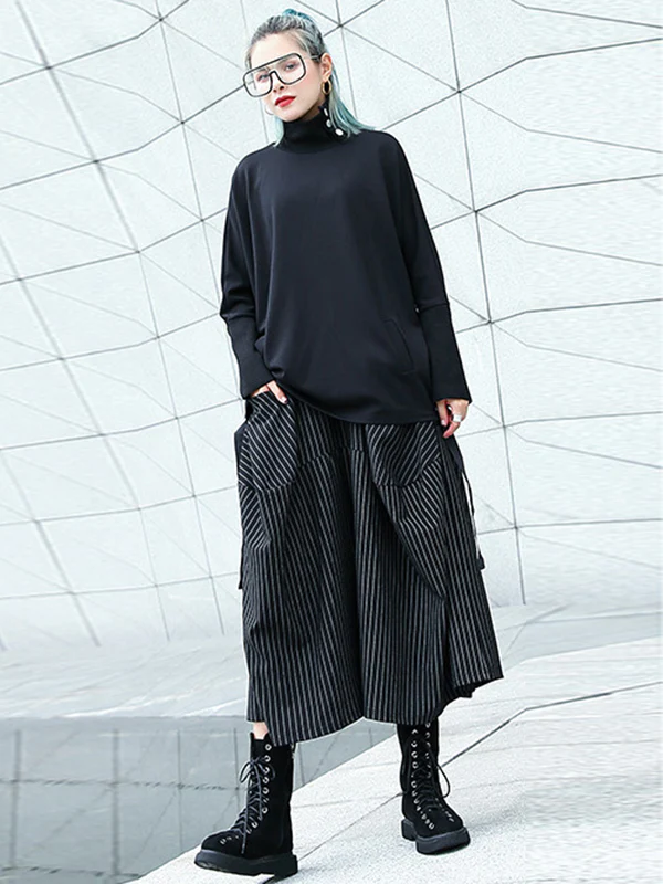 High Waisted Loose Elasticity Pockets Striped Culotte Pants - Image 5