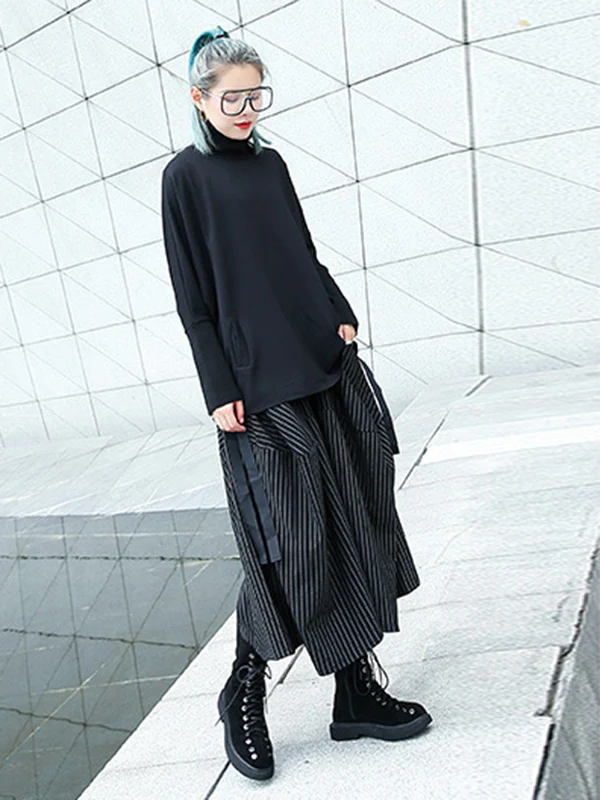 High Waisted Loose Elasticity Pockets Striped Culotte Pants - Image 6