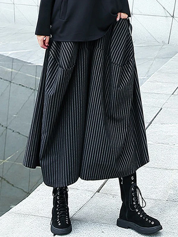 High Waisted Loose Elasticity Pockets Striped Culotte Pants - Image 8