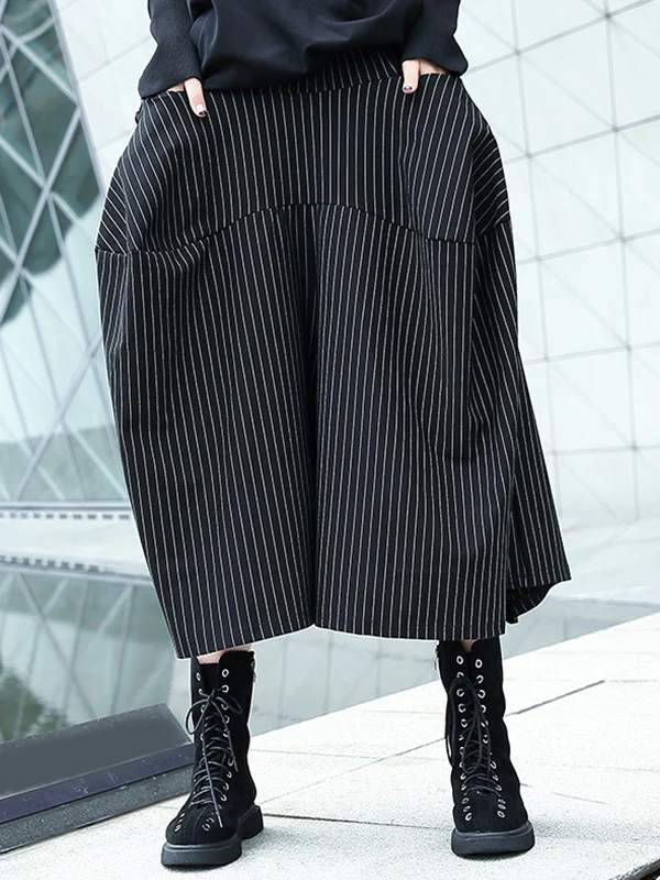 High Waisted Loose Elasticity Pockets Striped Culotte Pants - Image 9