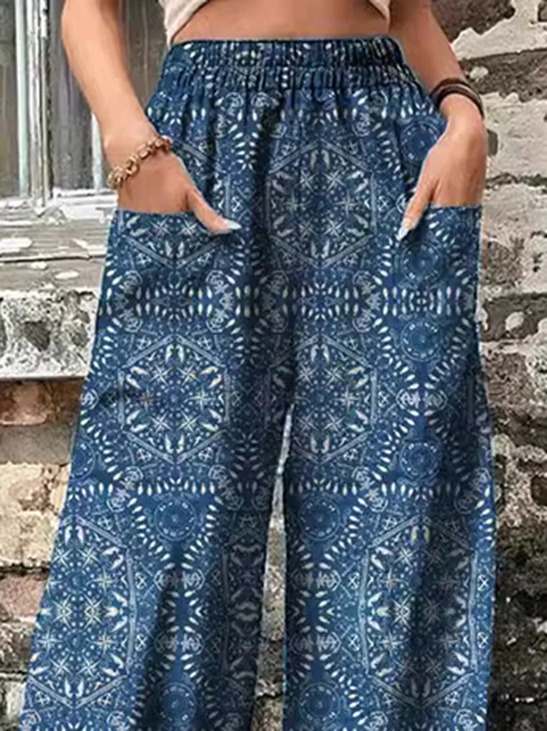 High Waisted Loose Elasticity Printed Split-Joint Pants Trousers - Image 2